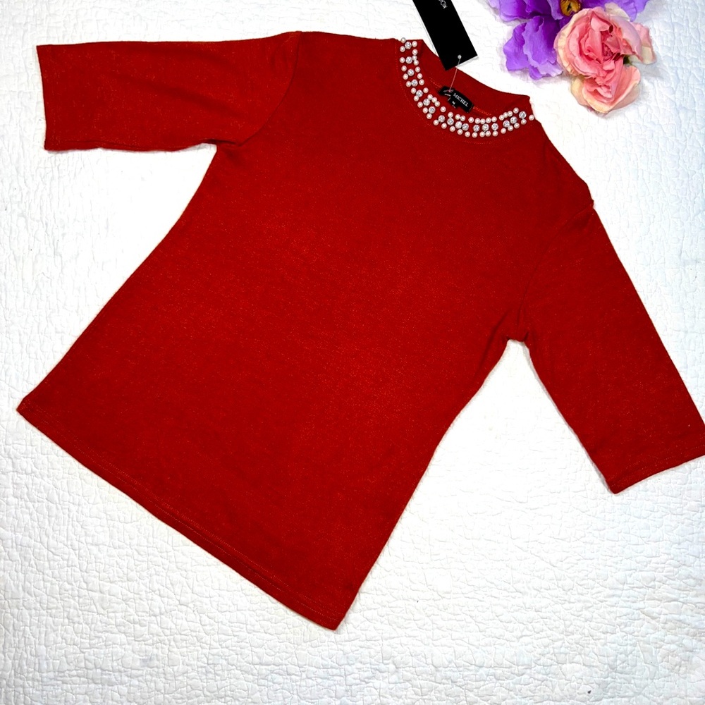 2020 Michel Fashion Women's Burnt Orange Bling Embellished Sweater Top; M